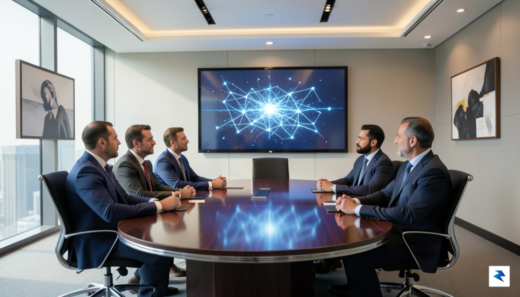A conceptual digital illustration showing a corporate boardroom meeting where&hellip;