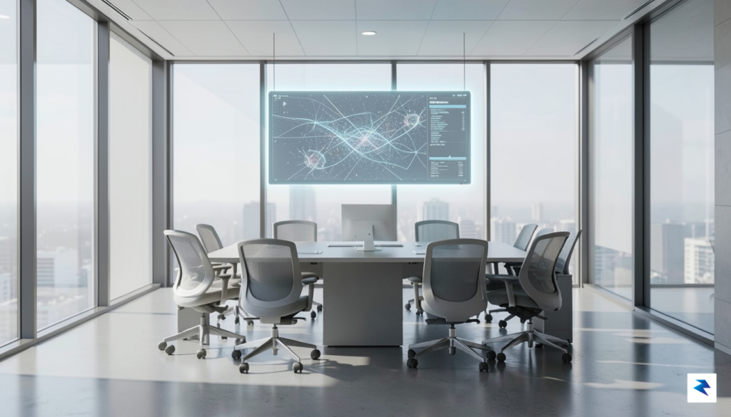 A modern, minimalist office space showing a glowing digital interface&hellip;