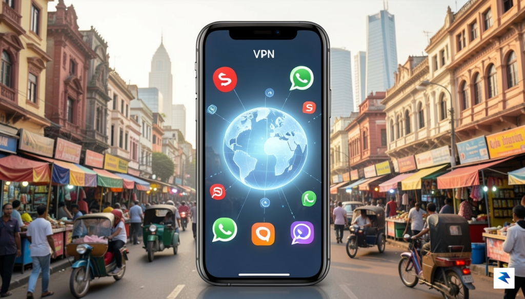 A digital illustration showing a smartphone screen displaying a VPN&hellip;