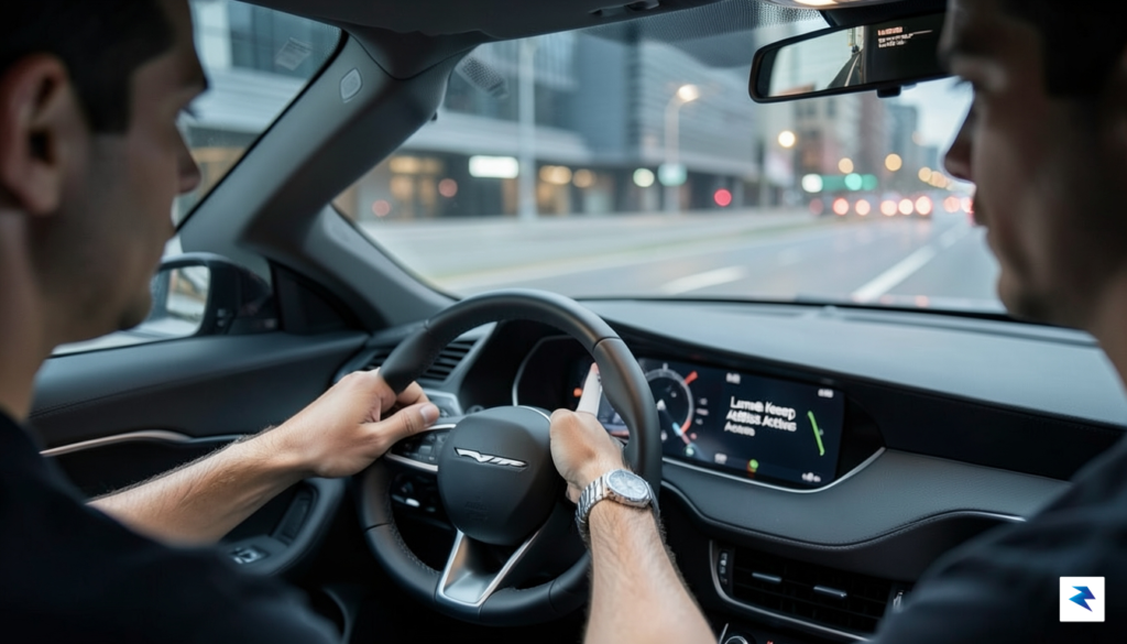 A close-up, high-angle shot from inside a modern vehicle showing&hellip;