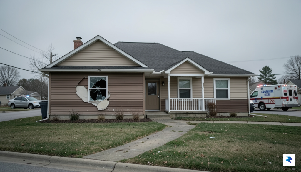 A somber, professional photograph showing the exterior of a suburban&hellip;