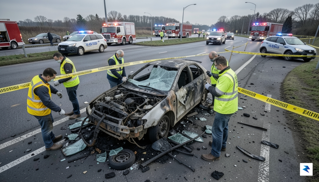 An overhead shot of investigators in reflective vests examining a…