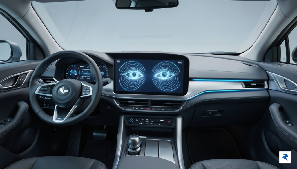 A conceptual digital visualization showing a modern vehicle interior with…