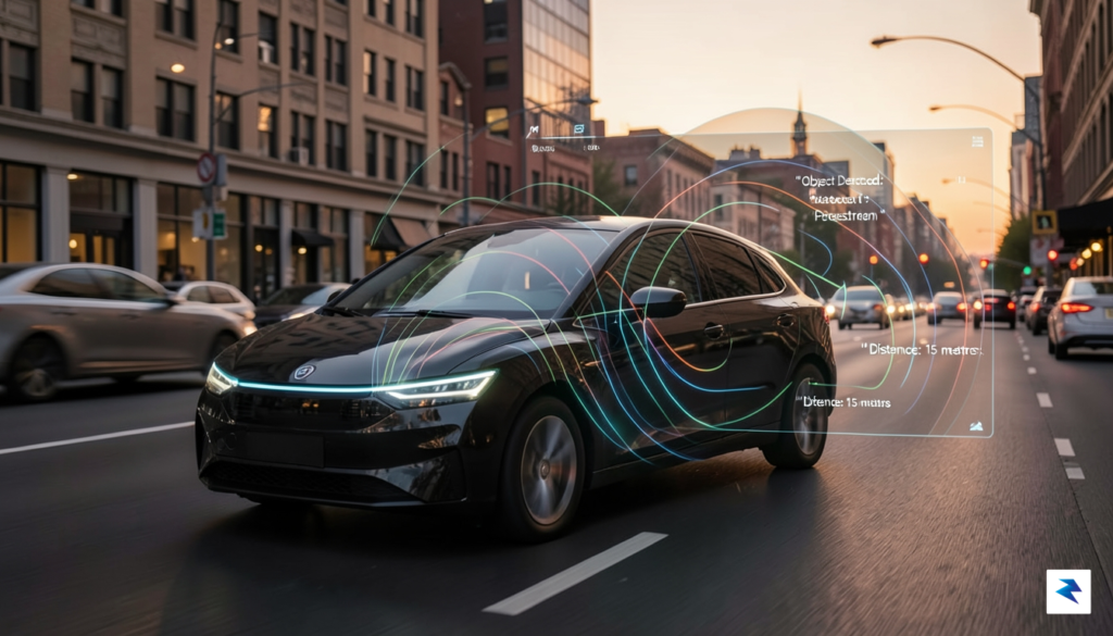 A modern, sleek autonomous vehicle driving on a city street&hellip;