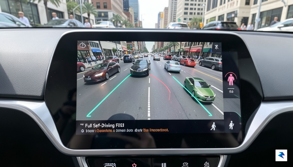 A close-up, high-definition shot of a Tesla vehicle's dashboard screen&hellip;