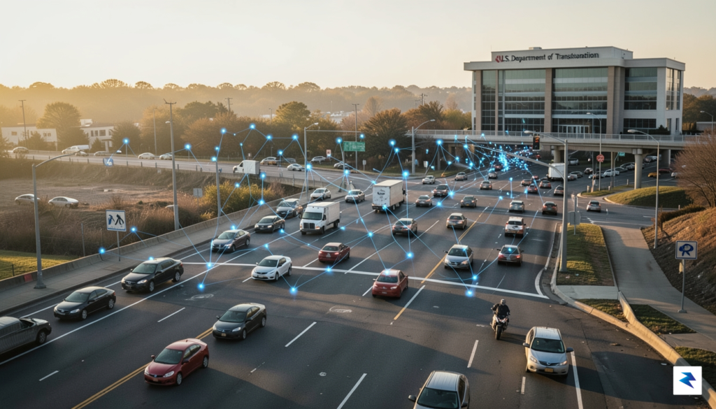 A wide-angle shot of a highway intersection with a digital&hellip;