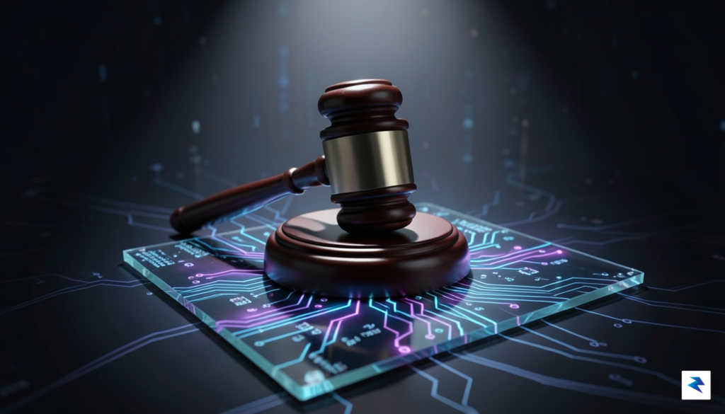 A conceptual digital illustration showing a courtroom gavel resting on&hellip;