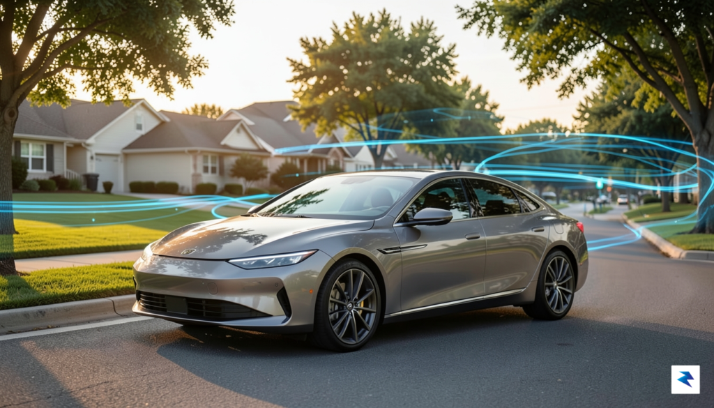 A digital rendering of a sleek, modern electric sedan parked…