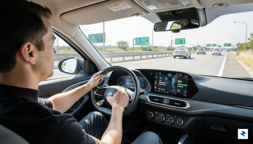 A driver with both hands on the steering wheel, eyes…
