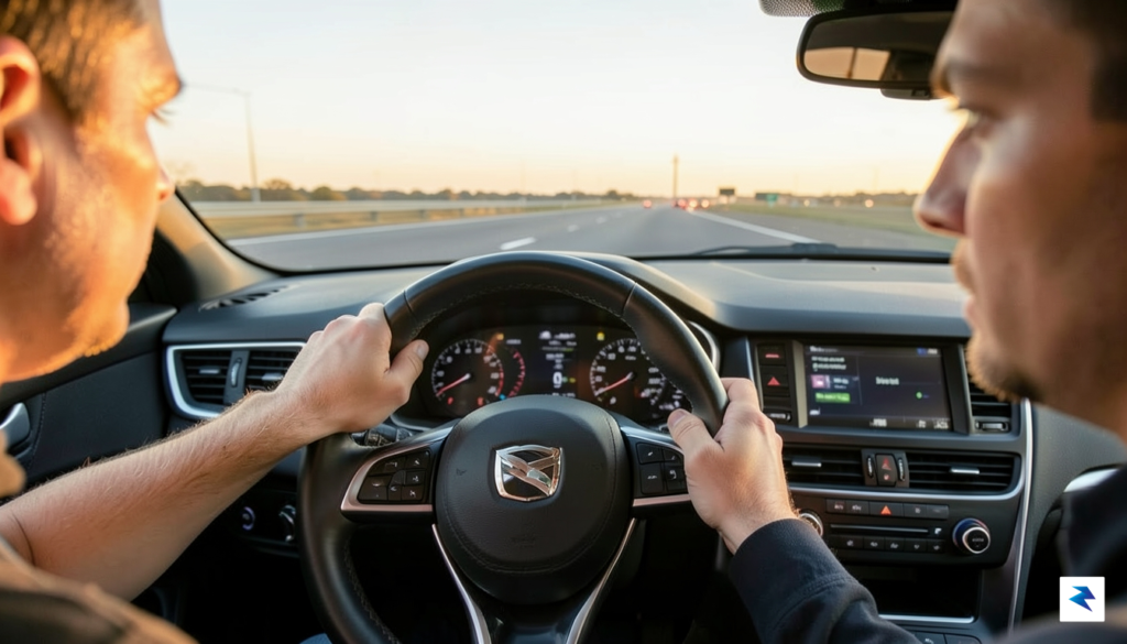 A close-up view from the driver's perspective of a modern&hellip;