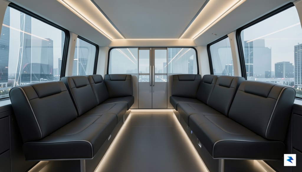 A wide-angle interior shot of a futuristic, minimalist vehicle cabin&hellip;