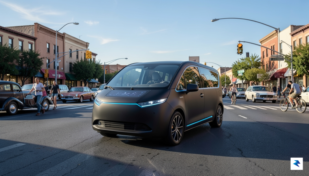 A wide-angle shot of a sleek, minimalist Cybercab prototype navigating&hellip;