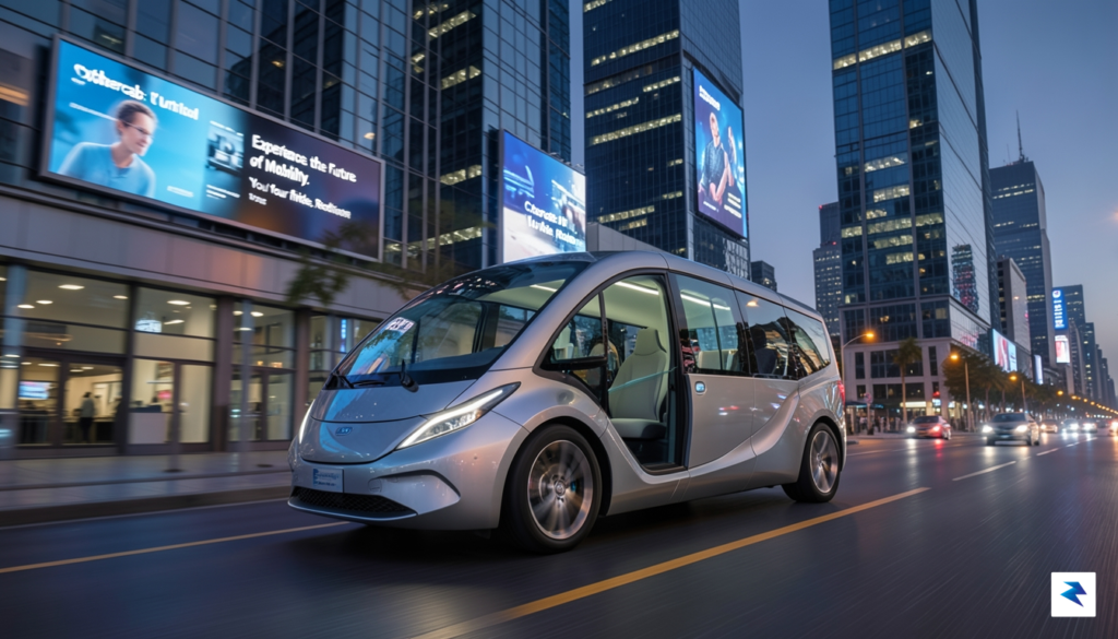 A sleek, futuristic Cybercab vehicle navigating a clean, modern city&hellip;