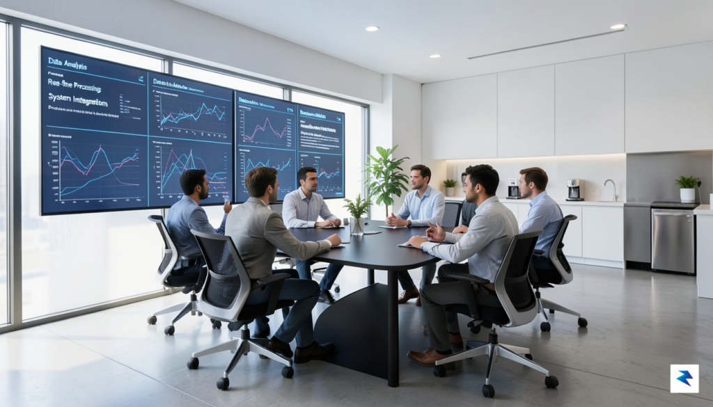 A modern, minimalist office space showing a team of diverse&hellip;