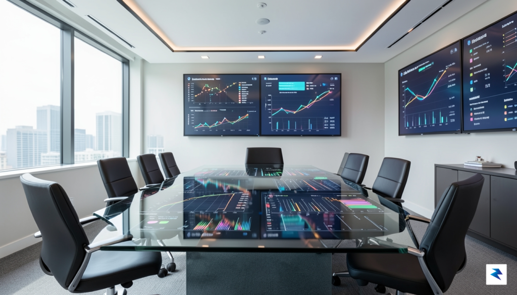 A modern, high-tech venture capital office boardroom with digital data&hellip;