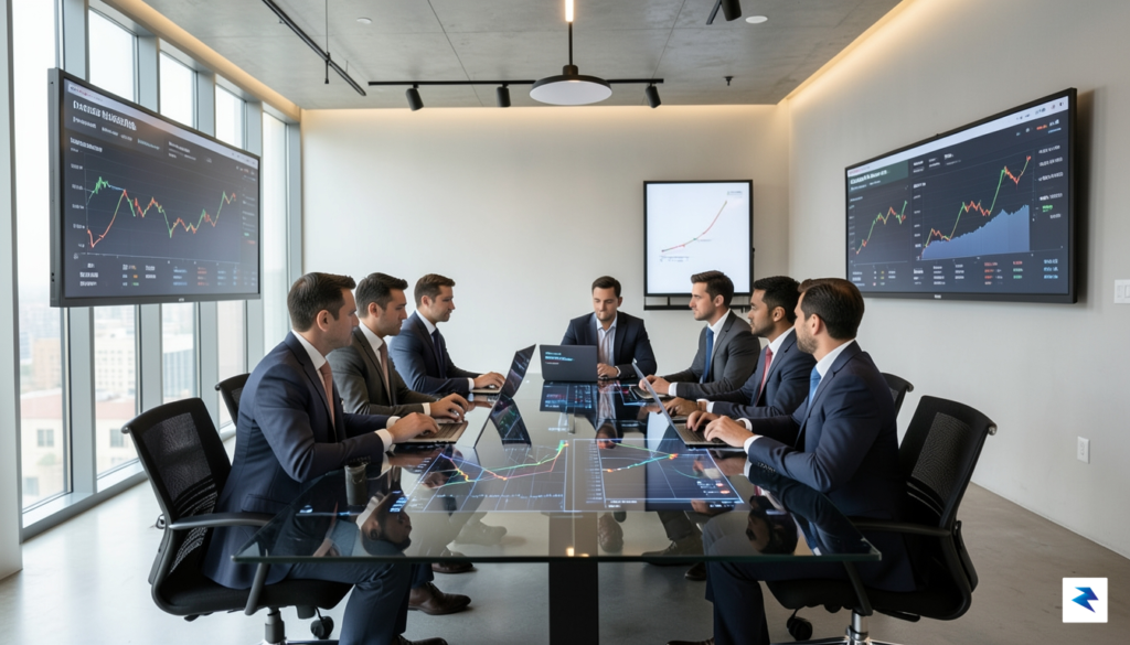 A modern, sleek venture capital office setting with investors looking&hellip;