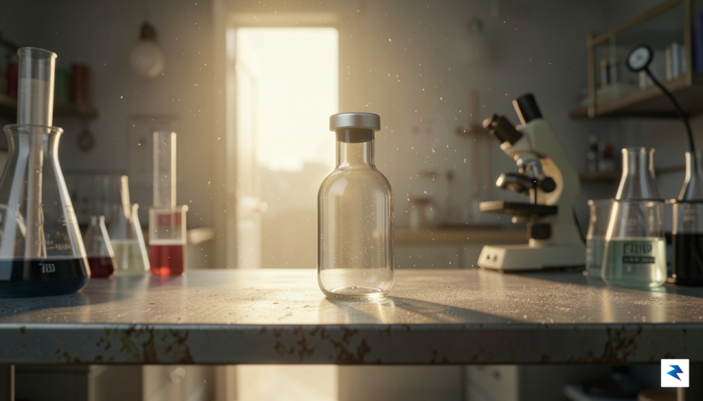 A conceptual illustration showing a glass vial sitting alone on&hellip;