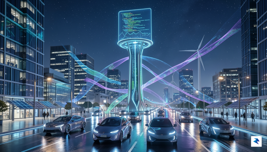 A futuristic digital visualization of a smart city grid showing&hellip;