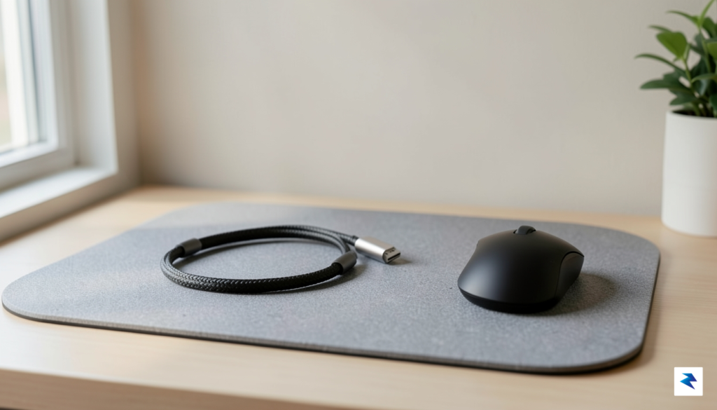 A clean, minimalist desk setup featuring a braided USB-C cable,&hellip;