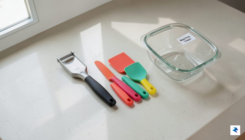 A high-resolution, top-down lifestyle shot of a minimalist, organized kitchen&hellip;