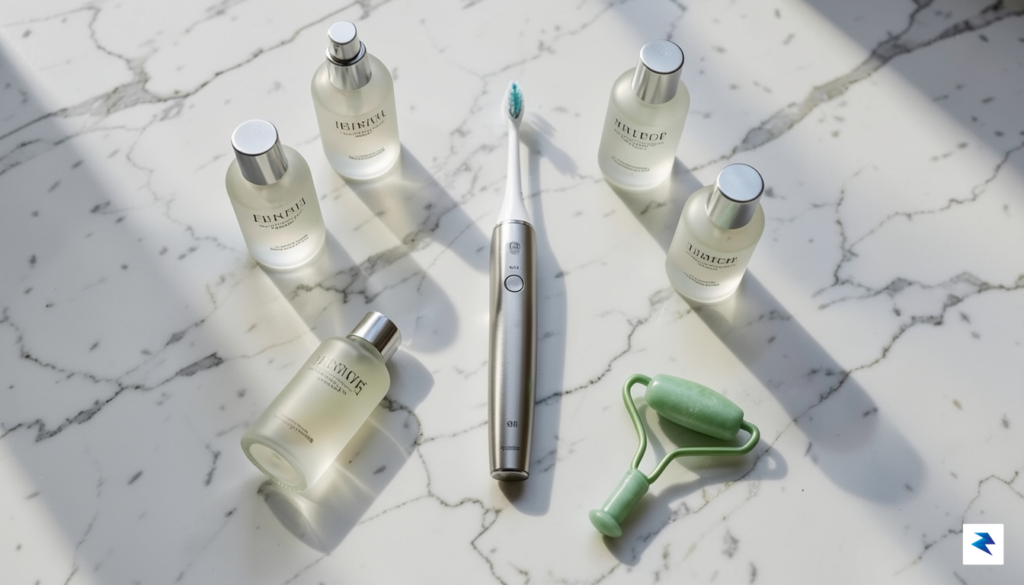 A flat-lay photograph of various wellness and skincare products, including&hellip;