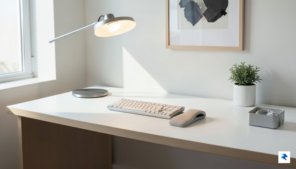 A clean, modern minimalist home office desk setup featuring an&hellip;