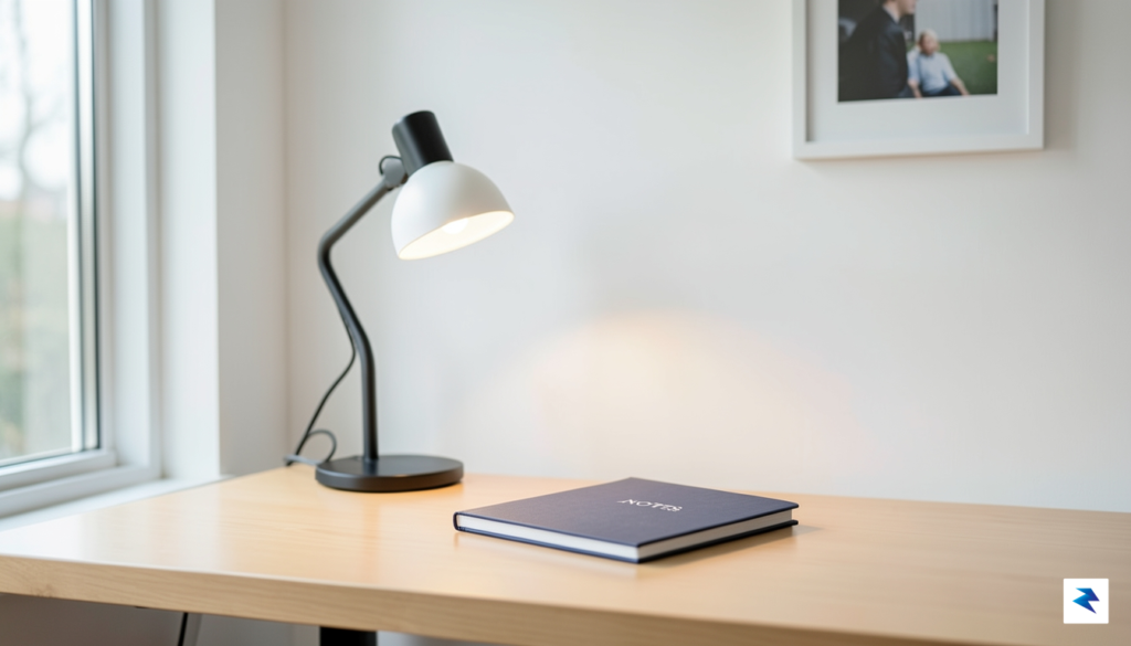 A minimalist, high-quality photograph of a clean, organized home office&hellip;