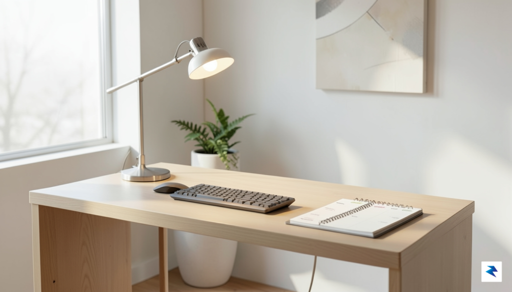A modern, minimalist home office desk setup featuring a high-quality&hellip;