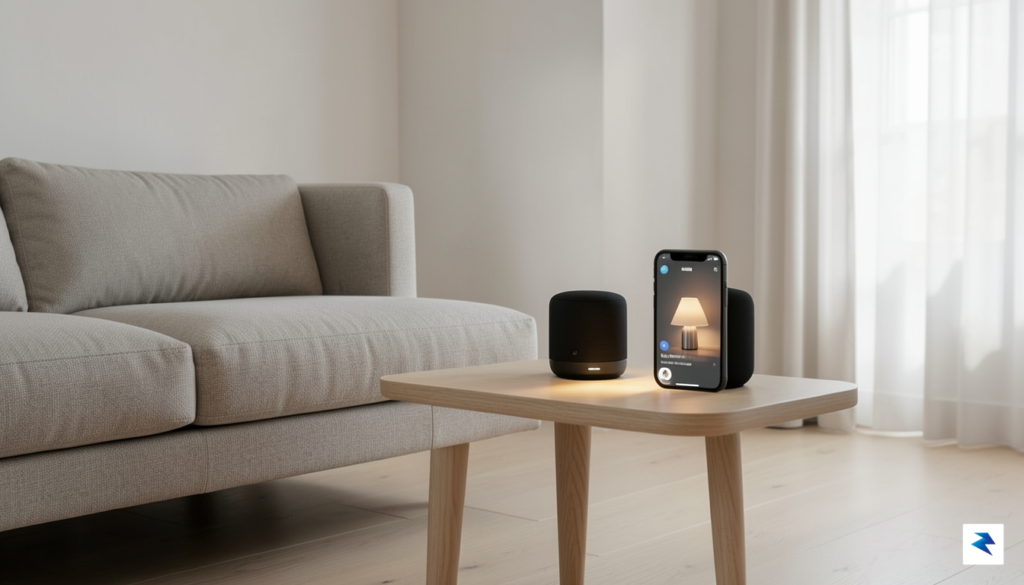 A modern, minimalist living room setup featuring a smart speaker&hellip;