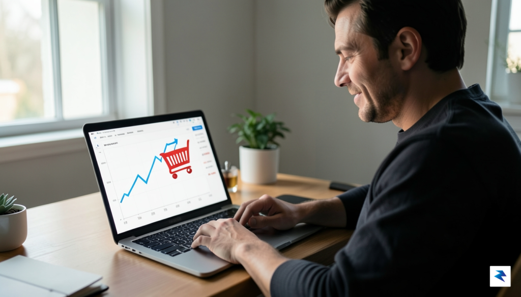A person looking at a laptop screen displaying a price&hellip;