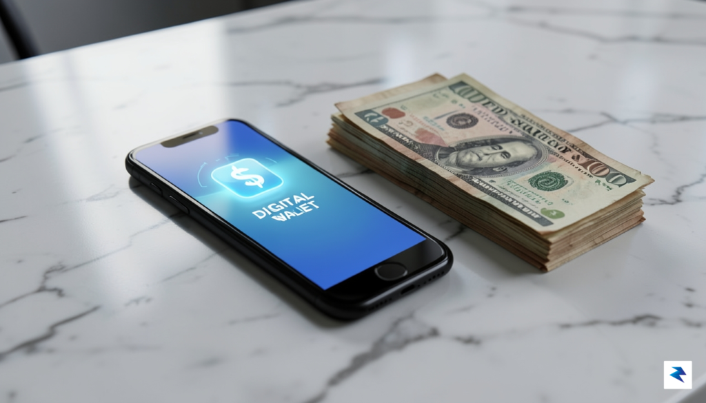 A conceptual digital artwork showing a sleek, modern smartphone displaying&hellip;