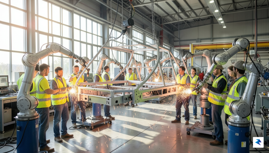 A wide-angle shot inside a high-tech, sunlit American factory, showing&hellip;