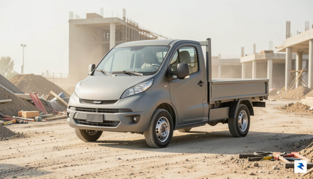 A sleek, minimalist electric utility truck parked on a dusty…