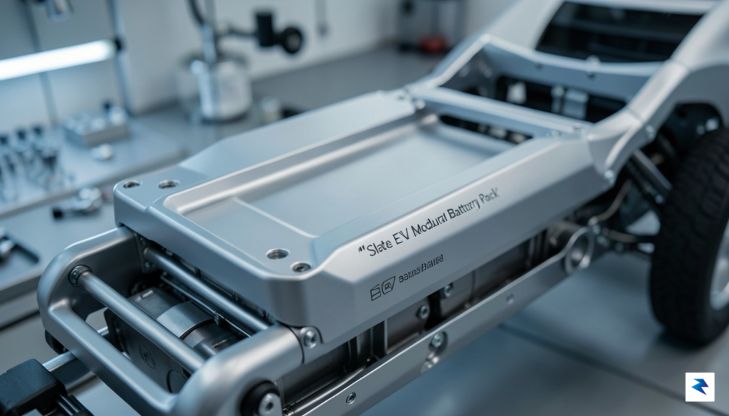 A close-up, high-angle shot of the Slate EV truck’s modular…