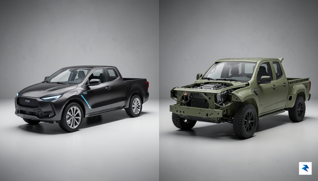 A side-by-side studio shot comparing a sleek, modern electric truck…