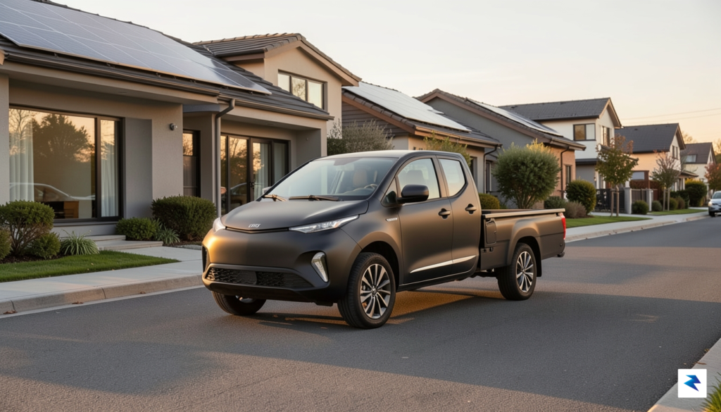 A wide-angle shot of a sleek, minimalist electric pickup truck…