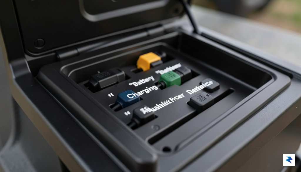 A close-up shot of an open, organized modular compartment in…