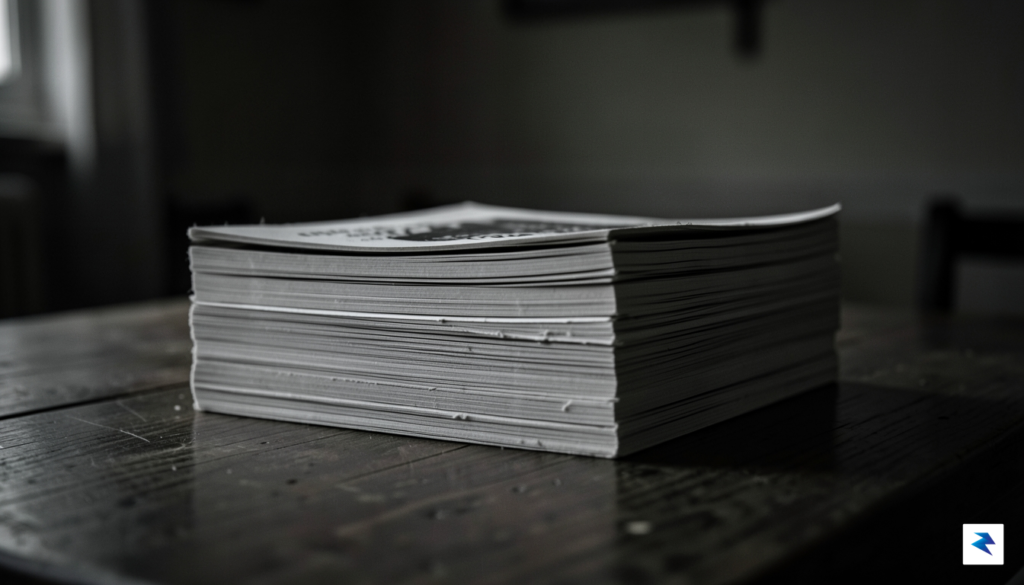 A somber, high-contrast photograph of a stack of black-and-white zines&hellip;