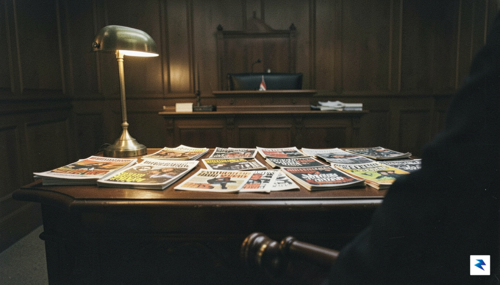 A somber, high-contrast photograph of a dimly lit courtroom, showing&hellip;