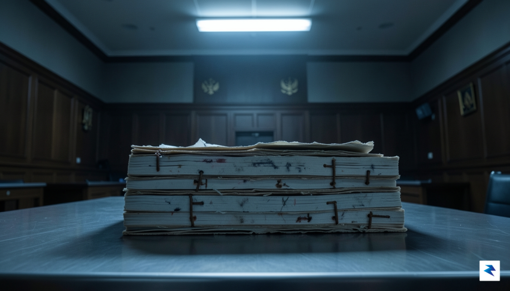 A somber, high-contrast photograph of a stack of weathered, hand-stapled&hellip;