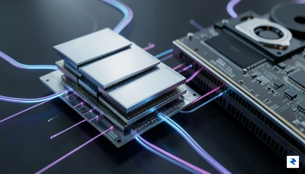 A close-up, highly detailed image of stacked High Bandwidth Memory&hellip;