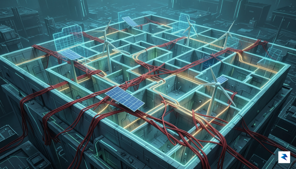 A conceptual digital illustration of a complex, glowing maze representing&hellip;