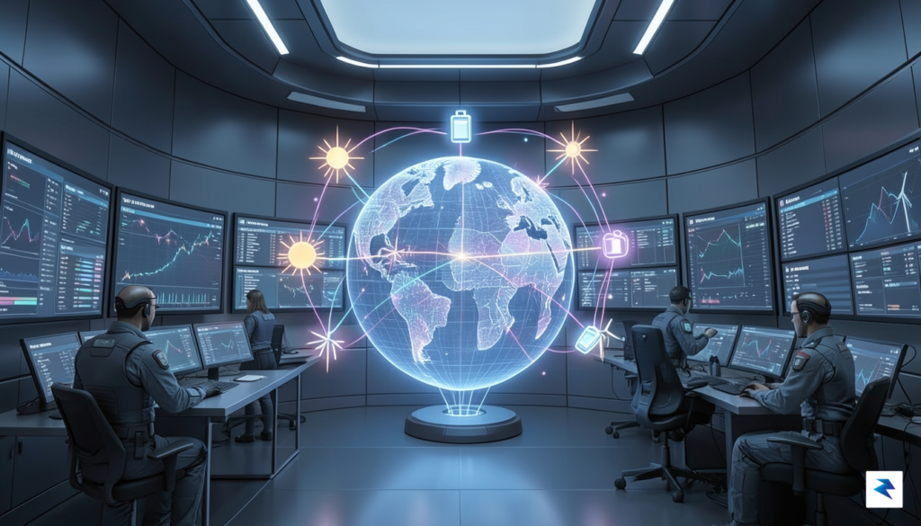 A conceptual digital illustration showing a modern, high-tech electrical grid&hellip;