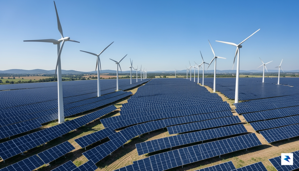 An aerial wide-angle shot of a massive, modern utility-scale solar&hellip;