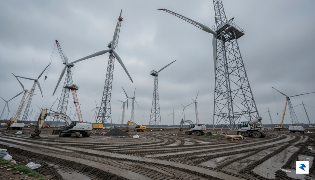 A wide-angle photograph showing a vast, partially constructed wind farm&hellip;