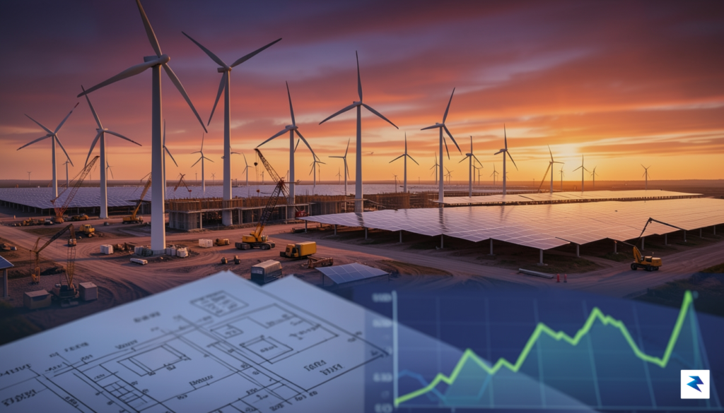 A wide-angle digital illustration showing a vast, half-completed wind farm&hellip;