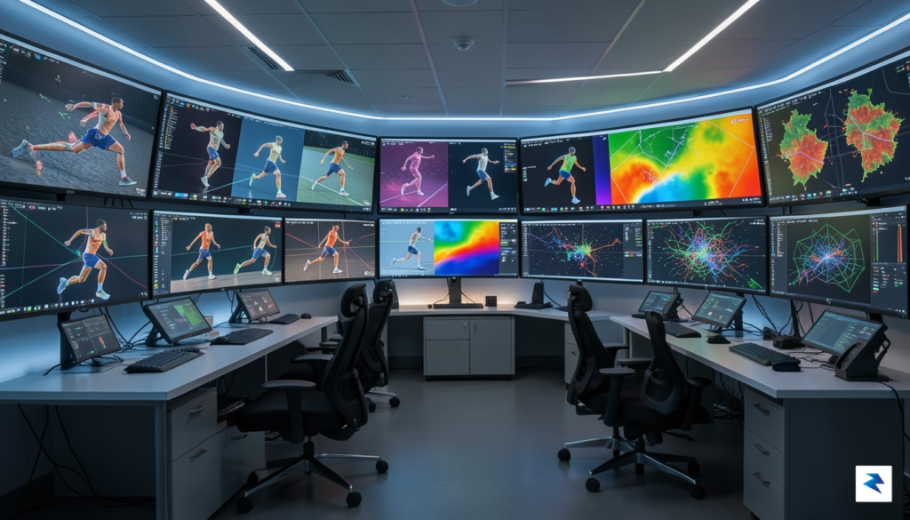 A modern, dimly lit sports analytics command center featuring multiple&hellip;