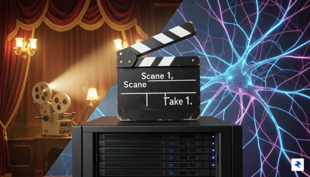 A conceptual digital illustration showing a film clapperboard resting on&hellip;