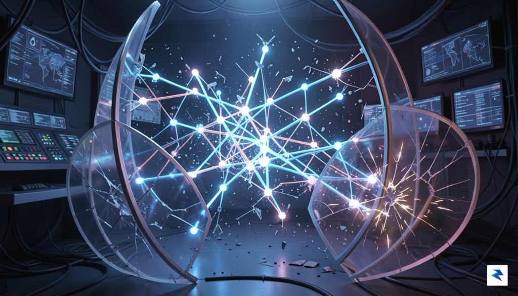 A conceptual digital illustration showing a glowing, fragmented corporate network&hellip;