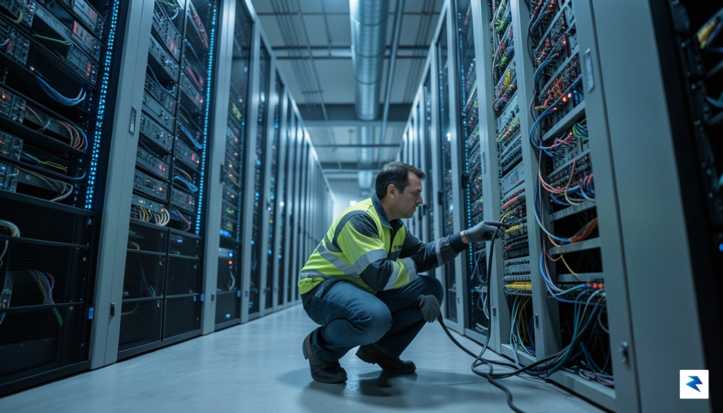 A wide-angle, cinematic photograph of a vast data center aisle&hellip;